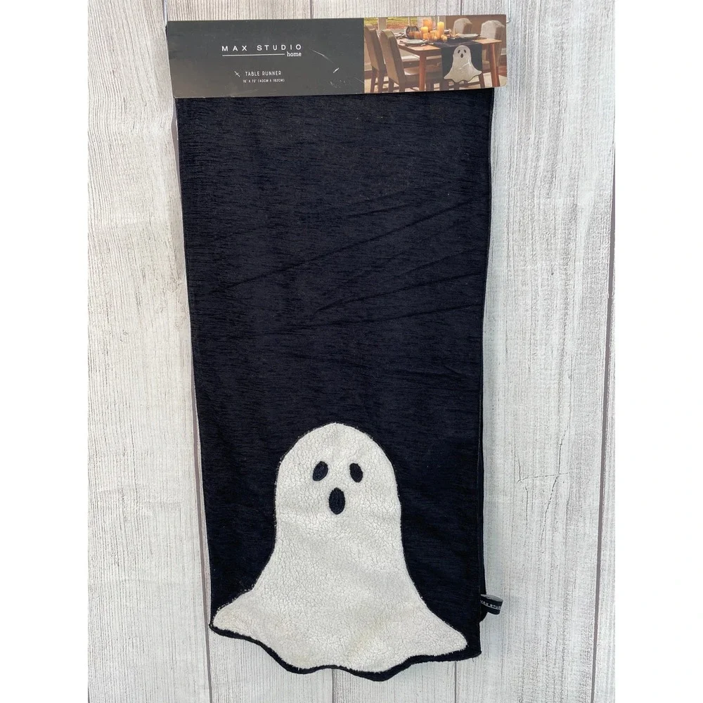 Max Studio Home Table Runner Halloween 16x72 Black White Ghost Sherpa Applique